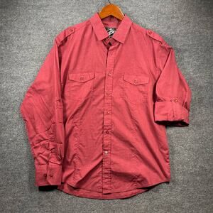 Drill Button Up Shirt Men's Large Red Roll Tab Sleeve Casual Chest Pockets